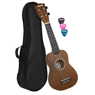 Immagine di Cascha Soprano Ukulele Bundle with Bag, 3 Picks and Aquila Strings, Marrone