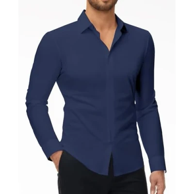 Immagine di DEMEANOR Camicia elasticizzata da uomo a maniche lunghe, slim fit, business, senza stiratura, uomo, per il tempo libero, blu navy, XXL