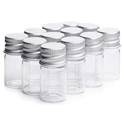 Immagine di VASANA 12 flaconcini decorativi in vetro trasparente da 30 ml, con tappo alluminio, per cosmetici, campioni, messaggi, oli essenziali, polveri, desideri