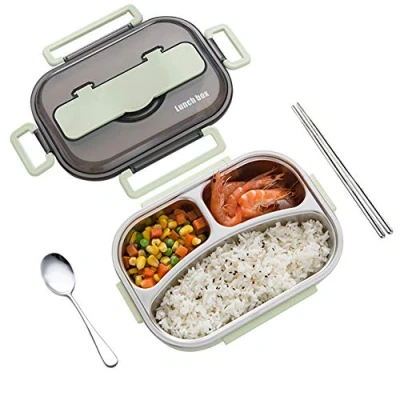 Immagine di amropi Scatole Bento Lunch Box Acciaio Inossidabile Contenitori 2/3/4/5 Scomparto Dispensa con Bastoncini e Cucchiaio (Verde, 3 Scomparto)