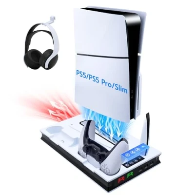 Immagine di Mcbazel PS5/PS5 Slim Verticale Supporto di Raffreddamento, Stazione Ventola Raffreddamento Regolabile con Cuffie,Stazione Caricatore Doppio Controller per Playstation 5 Slim/PS5 Edition