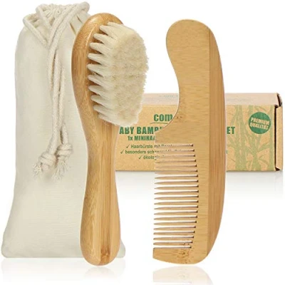 Immagine di com four® Spazzola per Neonati e Pettine Bambini Piccoli Capelli in bambù con Morbida Lana di Pecora (Pettine + Pecora)