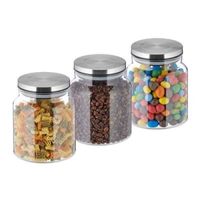 Immagine di Relaxdays Set da 3 Barattoli per Alimenti, Coperchio in Acciaio Inox, Recipienti Vetro 1100 ml, Trasparente Argentato, 70% 20% 10% Silicone, 14 x 12 cm