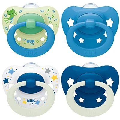 Immagine di NUK Signature Day &amp; Night ciuccio 6 18 mesi Calma il 95% dei bambini Succhietti a forma di cuore in silicone senza BPA Glow the dark Stelle 4 pezzi