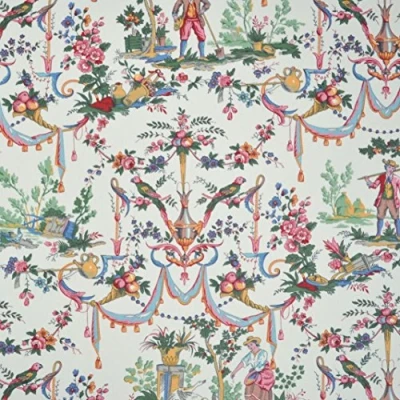 Immagine di Textiles français Tessuto Toile de Jouy ‘La vie à la campagne’ multicolore (su uno sfondo bianco crema) 100% puro cotone larghezza: 280 cm (per metro lineare)*