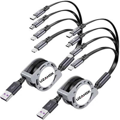 Immagine di UZAHSK Multi Cavo Di Ricarica 4A/1.2M 4 in 1 2Pack Veloce USB Retrattile Con 2*iP/Type C/Micro Porta Per Il Telefono 15/14/13/12/X/8/7/Samsung/Huawei/HTC/Pixel/LG/Oneplus/Tablet.