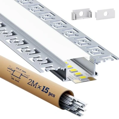 Immagine di HOOLED Profilo in alluminio per strisce LED 2 m x 15 pezzi 30 m, Con coperchio opaco, Dimensioni 28 mm 13,8 Alette 64,2 mm, Supporta di larghezza inferiore o uguale a 20,2 SP44