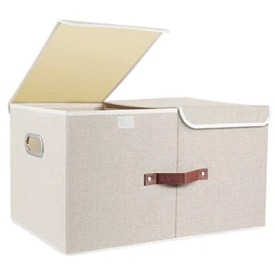 Immagine di TYEERS Extra Grandi Scatole Portaoggetti a Scomparti, Tessuto, Pieghevole, Contenitore 55x33x30 cm, Set di 1, Beige