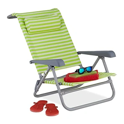 Immagine di Relaxdays 10035905 Sedia Sdraio Pieghevole, Regolabile su 8 Livelli, Poggia Testa Braccioli Apribottiglie Laterale, Verde Bianco, tessuto, acciaio, multicolore, 1 pz