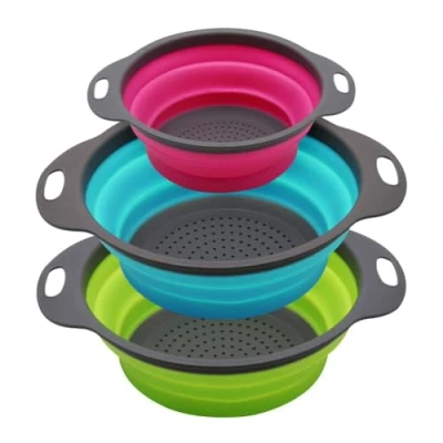 Immagine di Philwin, colini da cucina pieghevoli, perfetti per scolare pasta, verdure e frutta, 3 pezzi, due 4 quarti uno 2 quarti, colore verde, blu fucsia