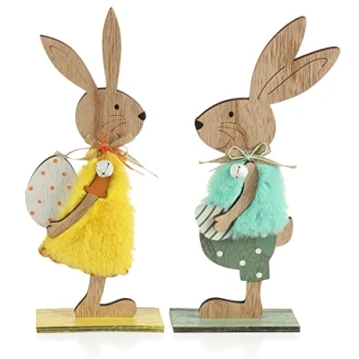 Immagine di com four® 2X Supporti Decorativi per Pasqua Coppia di Coniglietti Pasquali con Uova da Stare in Piedi Decorazione Pasquale Legno (2 Pezzi Giallo/Blu)