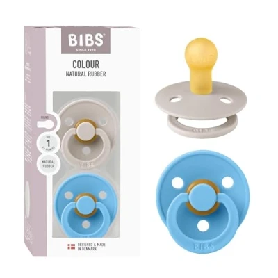 Immagine di BIBS Ciuccio colorato, confezione da 2 pezzi, senza BPA, tettarella rotonda, in lattice di gomma naturale, Made Danimarca, misura 1 (0 6 mesi), fungo/brezza