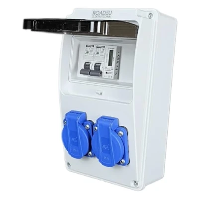 Immagine di RoadEu Distributore di corrente da 230 V con contatore, 2 prese Schuko presa interruttori C16A e contatore digitale a guida DIN IP54