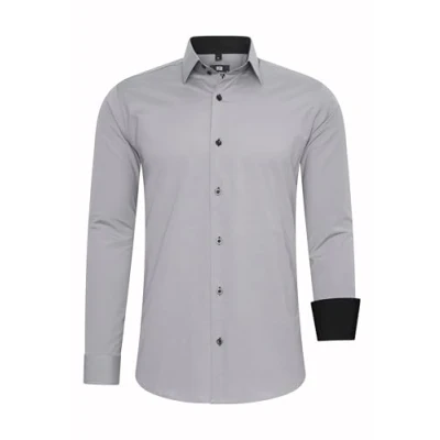 Immagine di Rusty Neal Camicia da uomo di alta qualità, slim fit, a maniche lunghe, elasticizzata, contrasto, per il tempo libero, grigio., S