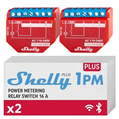 Immagine di Shelly Plus 1PM, Relè Interruttore Intelligente, Confezione de 2, Wi Fi e Bluetooth, Misuratore di Potenza, Domotica, Compatibile con Alexa Google Home, App iOS Android, Nessun Hub Richiesto