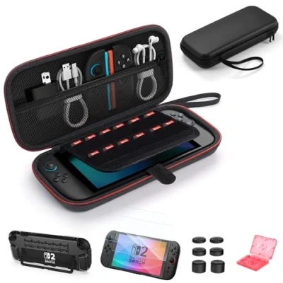 Immagine di ByDiffer Custodia per Nintendo Switch 2 Accessori Kit 14 in 1 con Pellicole Protettive, Cover Trasparente PC, 6 Cappelli Joystick, Cassa della carta del gioco, Protettiva, Nero