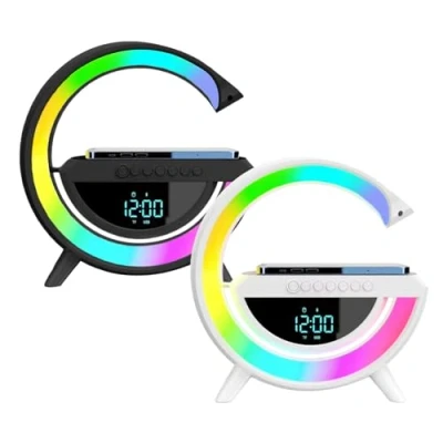 Immagine di lampada caricabatterie wireless a forma di G, luci da comodino, lampade intelligenti con altoparlante timer, sveglia, comodino scrivania ricarica wireless, tavolo