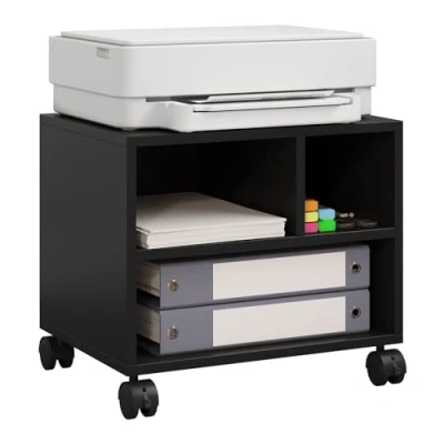 Immagine di WOLTU Carrello Porta Stampante con 3 Scomparti Aperti, Mobiletto Ruote, Supporto per in Legno, Classificatore Documenti Studio, Ufficio, 40x30x35cm, Nero, ASK06sz