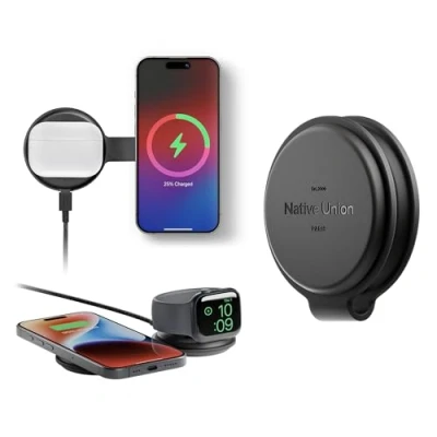 Immagine di Native Union Voyage Caricatore wireless magnetico 2 in 1 Stazione di ricarica pieghevole per viaggi iPhone 16, AirPods, Apple Watch e dispositivi multipli Certificato Qi2 MagSafe 15W (Nero)