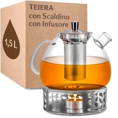 Immagine di Cosumy Teiera con Infusore Scaldino 1,5l Vetro Borosilicato Lavabile in Lavastoviglie Resistente al Calore Grandi