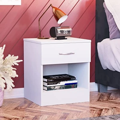Immagine di Vida Designs comodino con un cassetto, colore bianco, maniglia e guide in metallo