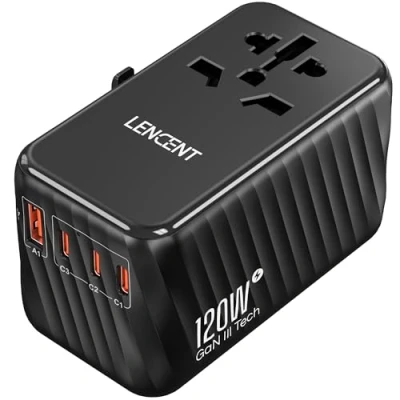Immagine di LENCENT GaN 120W Adattatore da Viaggio Universale, Caricatore Rapido con 3 PD3.0 Tipo C+1 QC USB A, di Alimentazione per Telefoni, PC, Tutto in Uno Spina Viaggi EU/UK/USA/AUS Bianco