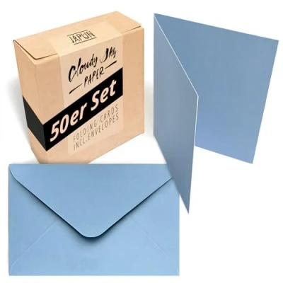 Immagine di Japun Set di 50 biglietti pieghevoli vuoti comprese buste, da progettare, etichettare o stampare DIN A6 / C6 blu