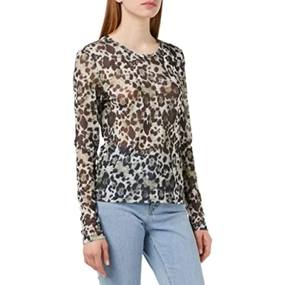 Immagine di Noisy may Nmjudith L/S Mesh Top Bg Noos Maglietta a Maniche Lunghe, Kalamata/AOP: Leone, S Donna
