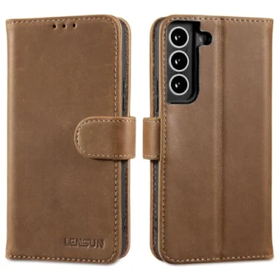 Immagine di Lensun Custodia per Samsung Galaxy S22, Flip Cover in Vera Pelle [RFID Blocking] Libro con Portafoglio Chiusura Magnetico Custodie Cuoio Telefono S22 5G Marrone Scuro Retrò