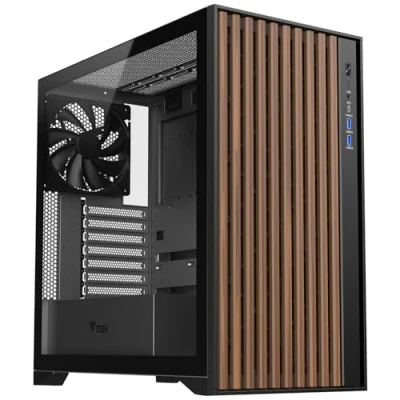 Immagine di Itek case WOODY Gaming Tower, ATX, 3x14cm Black fan, 2xUSB3, Type C, Wood Front, Temp Glass Side Panel