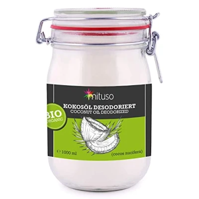 Immagine di olio di cocco biologico mituso, insapore (deodorato), 1 confezione (1 x 1000 ml) in un bicchiere a clip