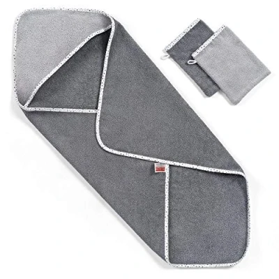 Immagine di :Wörner Asciugamano per Neonato e Bambino con Cappuccio 80 x cm 100% Cotone Spugna 2 Guanti da Bagno Inclusi Grigio