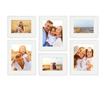 Immagine di PHOTOLINI Set di 6 cornici per poster bianco legno MDF con passe partout, 30x40 cm e 40x50 cm, plexiglass infrangibile, da parete, accessori inclusi foto, immagini