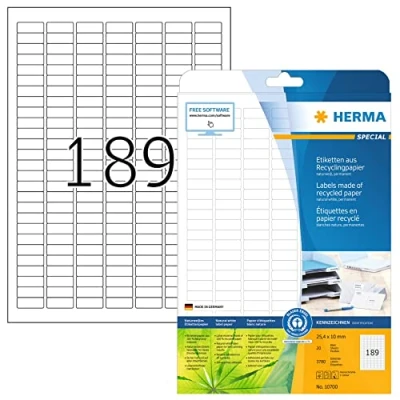 Immagine di HERMA 10700 Etichette riciclate, 20 fogli, 25,4 x 10 mm, 189 fogli A4, 200 pezzi, autoadesive, stampabili, opache, in carta riciclata, colore bianco naturale
