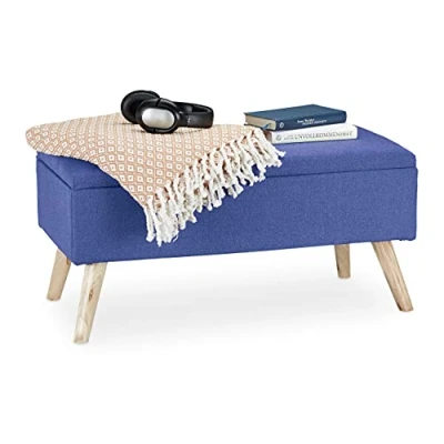 Immagine di Relaxdays Panca con Contenitore, Imbottita, Gambe in Legno, Cassapanca Foderata, HLP, 5x79,5x39,5 cm, Blu, 39,5 x 79,5 cm