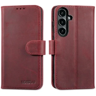 Immagine di Lensun Cover per Samsung Galaxy S24, Custodia in Vera Pelle [RFID Blocking] Libro con Portafoglio Chiusura Magnetico Flip Custodie Cuoio Telefono S24 5G Rosso Retrò