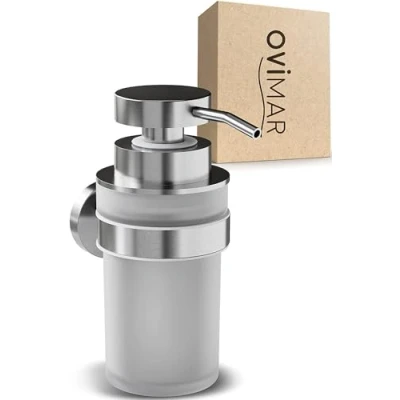 Immagine di ovimar dispenser di sapone Sprogo silver con fissaggio a parete per foratura in acciaio inox e vetro apertura extra large facile da riempire bagno o cucina disinfettante