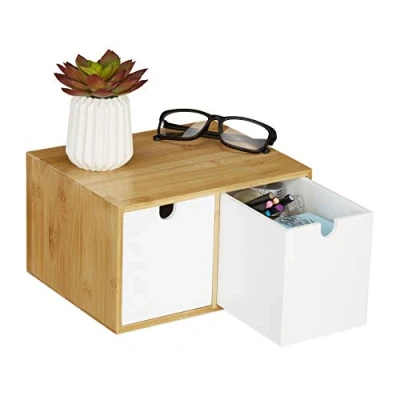 Immagine di Relaxdays Portaoggetti da Scrivania in Bambù, Bianco, 14,5 x 24,5 20 cm, 2 Cassetti, Organizzatore Ufficio &amp; Studio, 1 pz