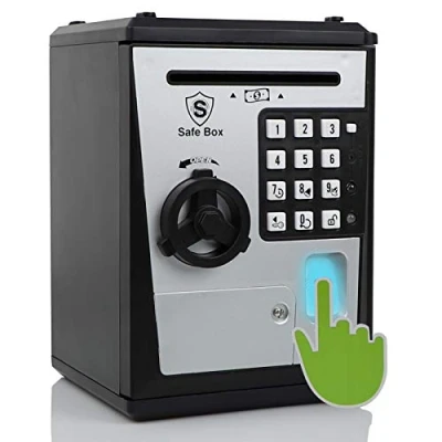 Immagine di Fimleiy Cassaforte per Bambini con Serratura a Combinazione di 4 Cifre e Riconoscimento dell&#039;Impronta Digitale Regalo Perfetto Compleanni, Natale Festività (Nero/Argento)