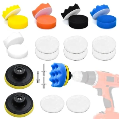 Immagine di Kit lucidatura auto, Set di 23 spugne per lucidatur, tampone auto 80mm, Ceretta con Adattatore Trapano e Cuscinetti in Lana