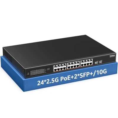 Immagine di YuanLey Switch PoE 2.5G a 26 Porte Non Gestito, 24 Base T 2.5G, 2 x 10G SFP+, IEEE802.3af/at, 400W, Compatibile con 100/1000/2500Mbps, Montaggio su Desktop/Rack di Rete 2.5Gbe