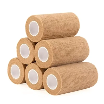 Immagine di 6 Rotoli Benda Elastica Coesiva 10cm x 4,5m, Bendaggio Adesiva Nastro Sportivo Non Tessuto Autoadesivo Salvapelle Fasciature per Piedi, Ginocchia, Braccia (Colore della Pelle)