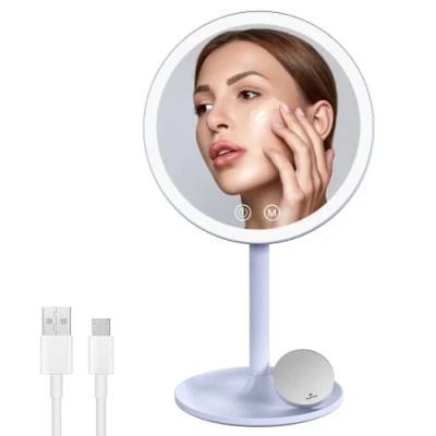 Immagine di EMKE specchio da trucco con illuminazione, cosmetico a LED 3 colori di luce, pratico per ingrandimento 1/3x, luminosità regolabile e interruttore touch (azzurro)