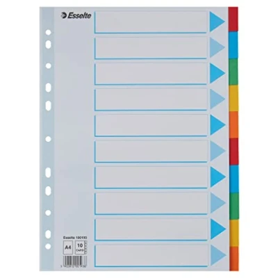 Immagine di Esselte Confezione da 10 Intercalari Colorati in Formato A4 per Raccoglitori ad Anelli e con Meccanismo a Leva , Includono un Foglio Anteriore Identificativo, Realizzati Resistente Carta Riciclata