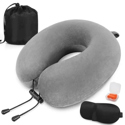 Immagine di Cuscino da Viaggio * collo in memory foam di supporto Cervicale per Auto con Maschera gli Occhi e Tappi le Orecchie, Borsa (Grigio)