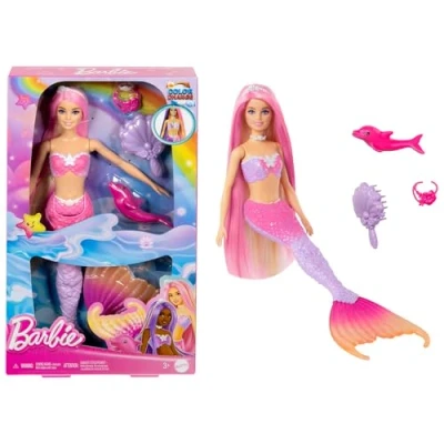 Immagine di Barbie Malibu Sirena, bambola con capelli rosa e accesory per lo styiling, funzione cambia colore in acqua, cucciolo di delfino incluso, giocattolo bambini, 3+ anni, HRP97