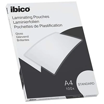 Immagine di Ibico Basics Pouch per la Plastificazione a caldo, Formato A4, Spessore Standard, Elevata protezione dei documenti e Durabilità, Confezione da 100, Finitura Lucida, Trasparente, 627310