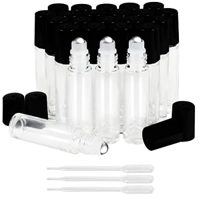 Immagine di BELLE VOUS Bottigliette Vetro Mini Trasparenti con 3 Contagocce (24pz) Roll On Vuoto per Oli Essenziali da 10 ml in Acciaio Inossidabile Boccette Aromaterapia, e Cosmetici
