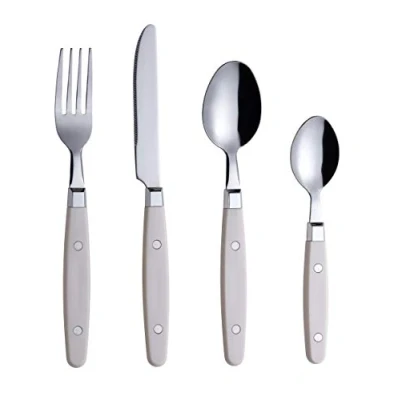 Immagine di EXZACT Posate 24 pezzi in acciaio inossidabile con manici per rivetti/stile retrò 6 forchette da tavola, coltelli, cucchiai, cucchiai tè Serve (Crema)