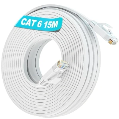Immagine di Cavo Ethernet 15 Metri, LAN Cat 6 di Rete 15mt Esterno, Alta Velocità Fibra Gigabit 1000Mbps RJ45, Piatto Internet Lungo Patch Bianco Sottile per Router Modem